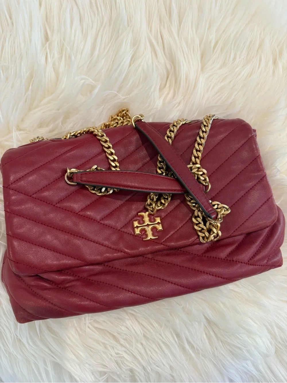 Tory Burch Full Size Quilted Chevron Shoulder Bag in Wine Red with Gold Hardware